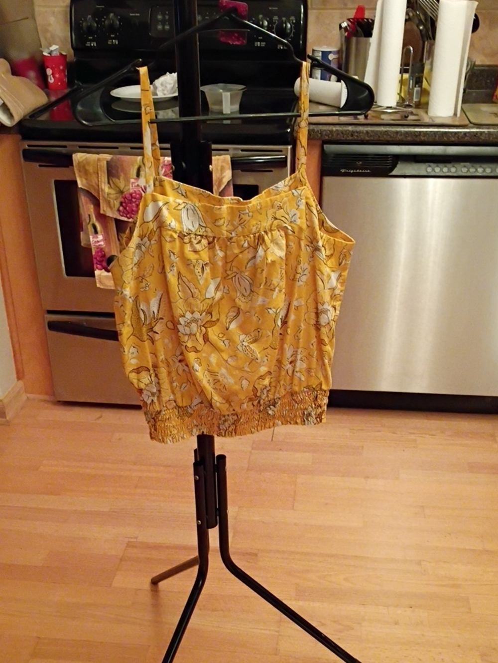 LOFT Mustard Yellow Floral Smocked-Hem Spaghetti Strap Camisole